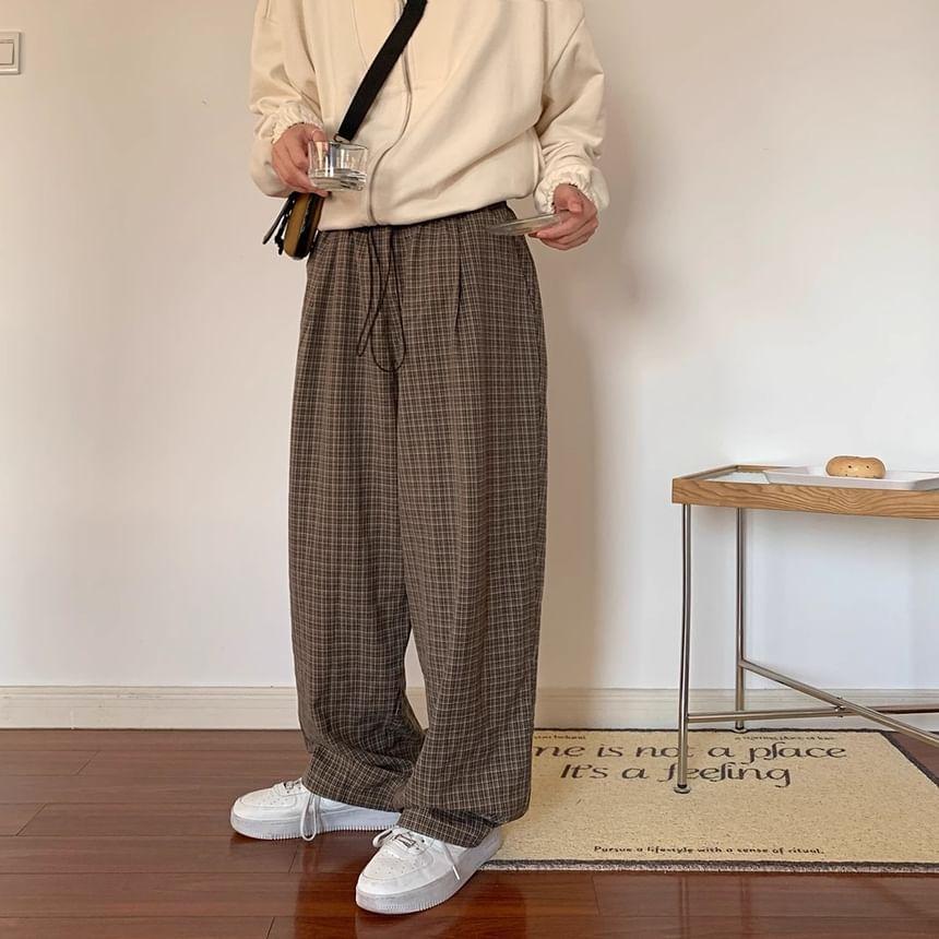 Mid Rise Plaid Wide Leg Pants Product Image