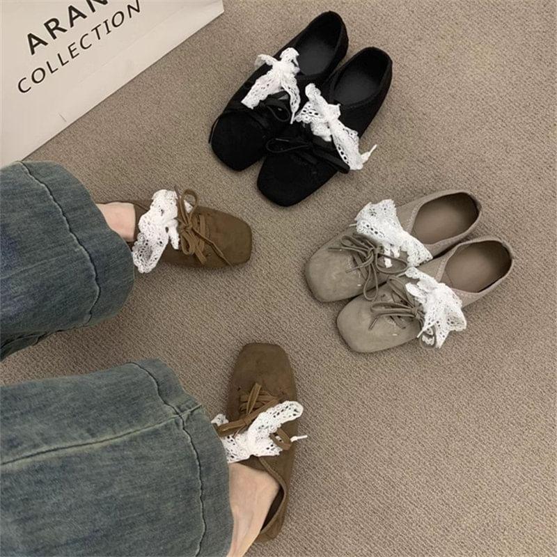 Square Toe Lace Bow Lace-Up Flats Product Image