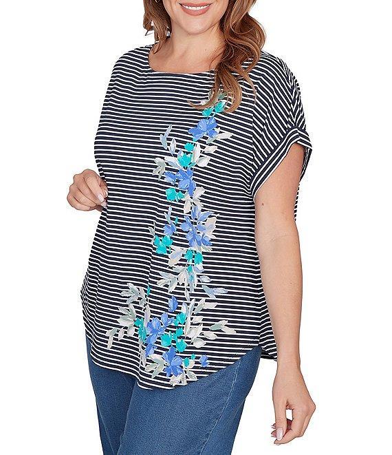 Ruby Rd. Plus Size Soft Jersey Knit Floral Stripe Boat Neck Short Cuff Sleeve Top Product Image