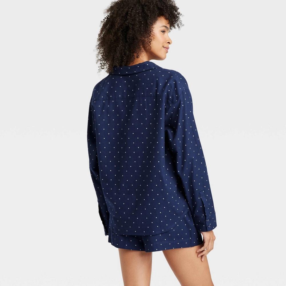 Womens Polka Dot Flannel Long Sleeve Top and Shorts Pajama Set - Auden Navy Blue Product Image