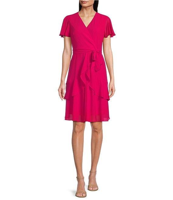 Leslie Fay Chiffon Crepe V Neck Flutter Sleeve Tie Sash A-Line Dress Product Image
