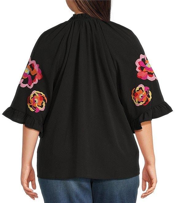 Calessa Plus Size Embroidered Patchwork Ruffle Split V-Neck 3/4 Sleeve Tunic Product Image