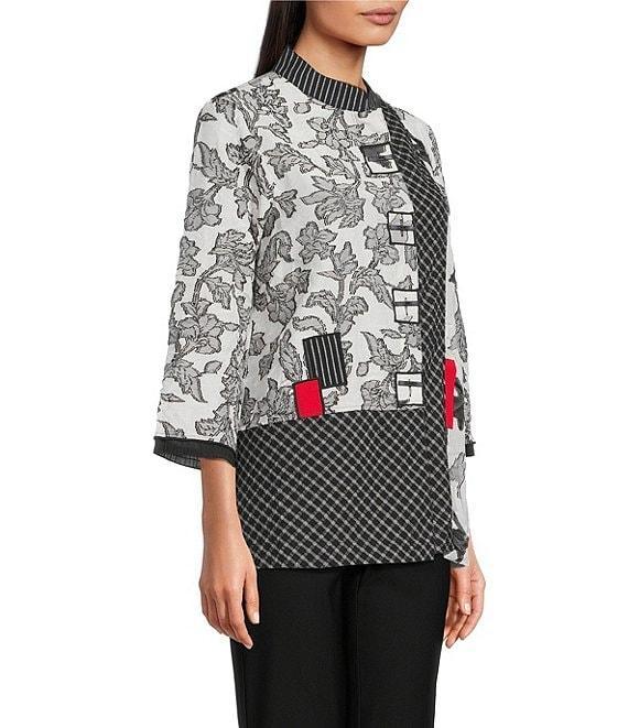 Ali Miles Jacquard Multi Patch Print Stand Collar 3/4 Sleeve Button Front Tunic Product Image