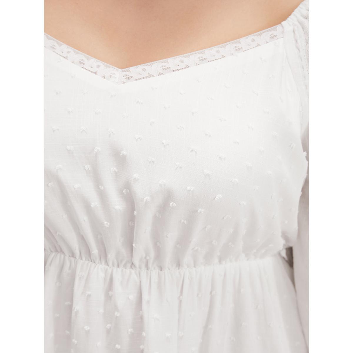 Plus Size WhiteSmoke Solid Lace Patchwork Lantern Sleeve Blouse Women Elegant Long Sleeve V-neck Dailywear Blouses BloomChic 10/M Product Image