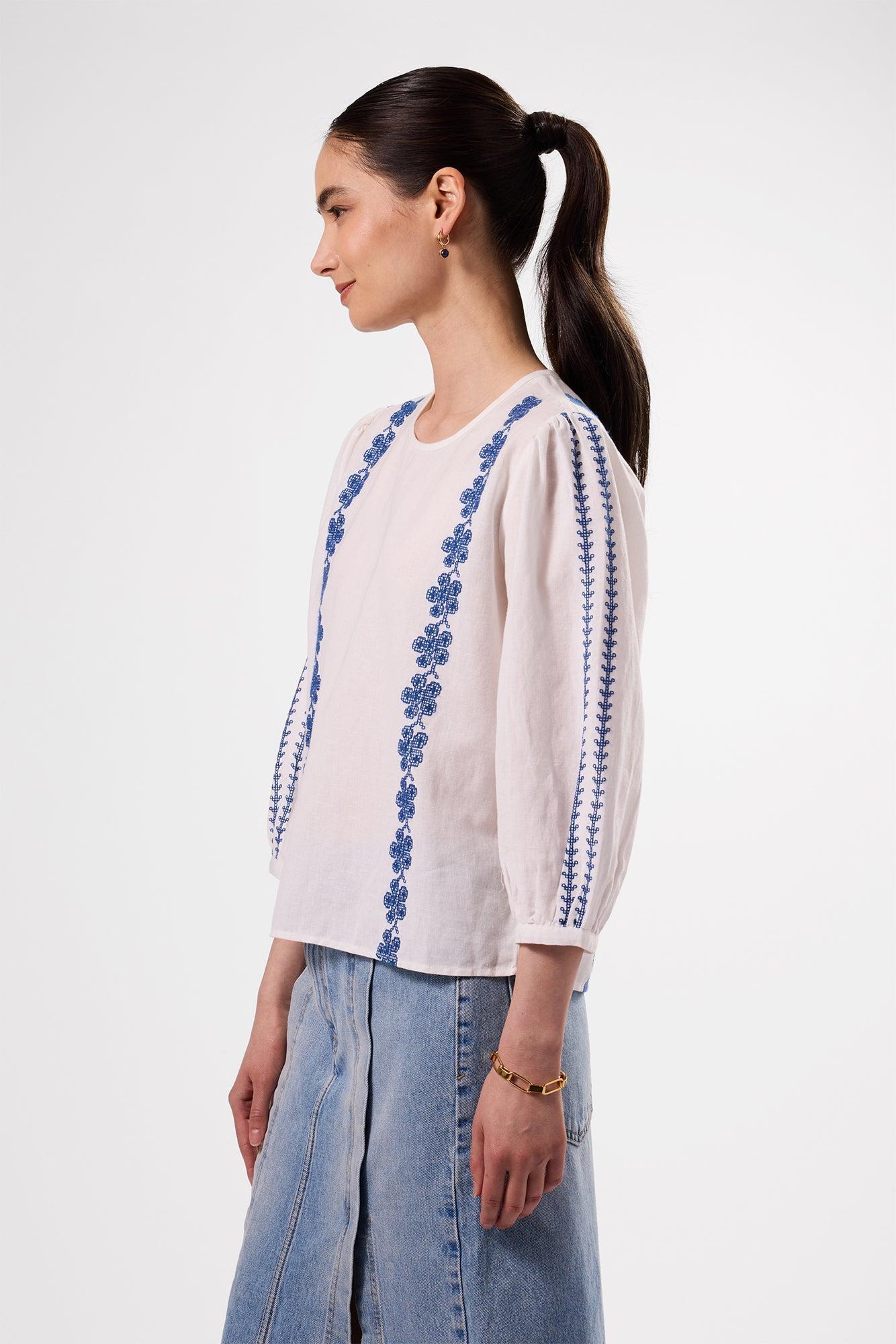 Placed Embroidery Blouse - White Cobalt Embroidery Product Image