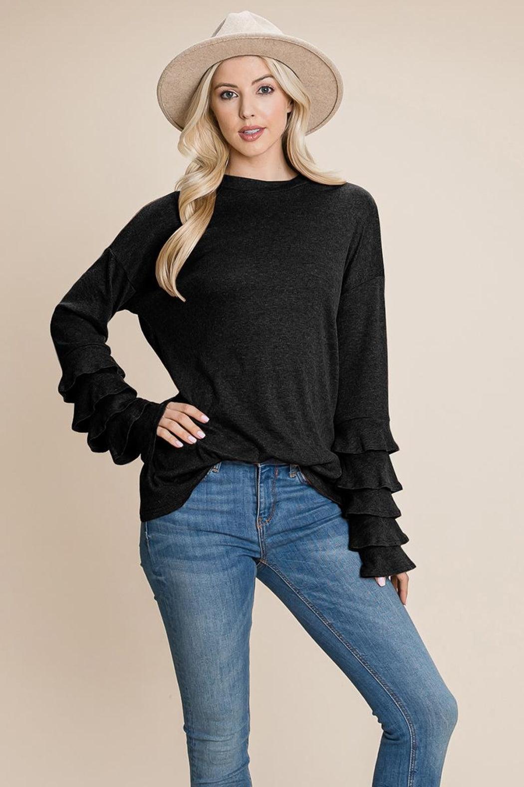 Long Sleeve Ruffle Layered Shirred Sweaters Shirts Product Image