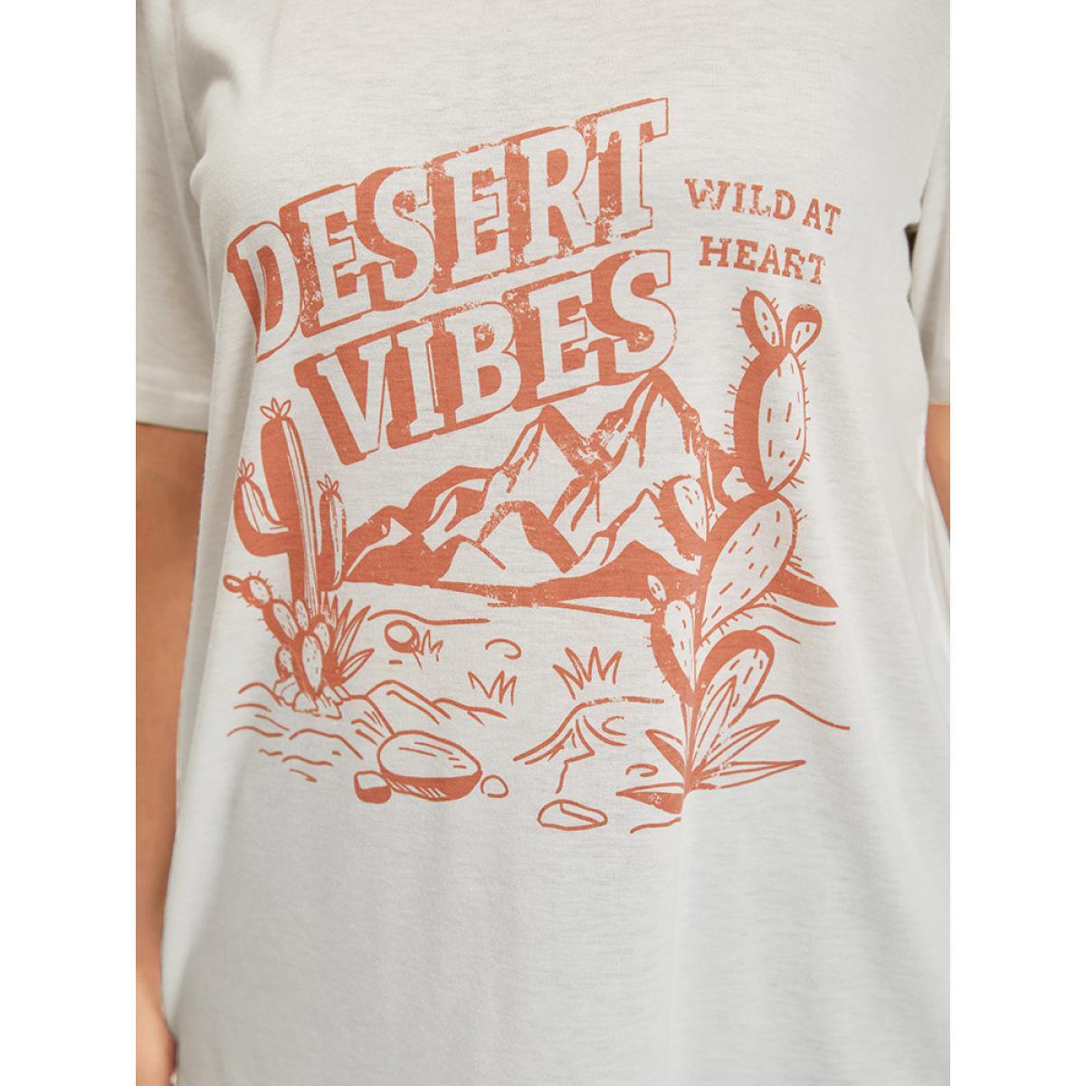 Plus Size Cactus & Letter Print Crew Neck T-shirt White Women Casual Printed Landscape Dailywear T-shirts BloomChic 28/5X Product Image