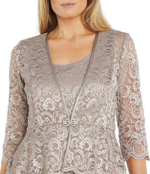 R & M Richards Petite Size Scallop Lace Charmeuse Metallic Mermaid Jacket Dress Product Image
