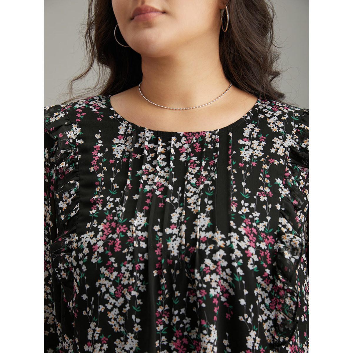 Plus Size Black Ditsy Floral Chiffon Ruffles Shirred Pleated Mesh Blouse Women Elegant Long Sleeve Round Neck Dailywear Blouses BloomChic 14-16/1X Product Image