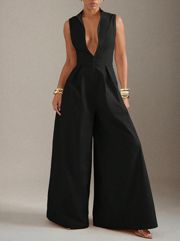Sleeveless Wide Leg Pleated Solid Color Split-Joint Zipper Round-Neck Jumpsuits Product Image