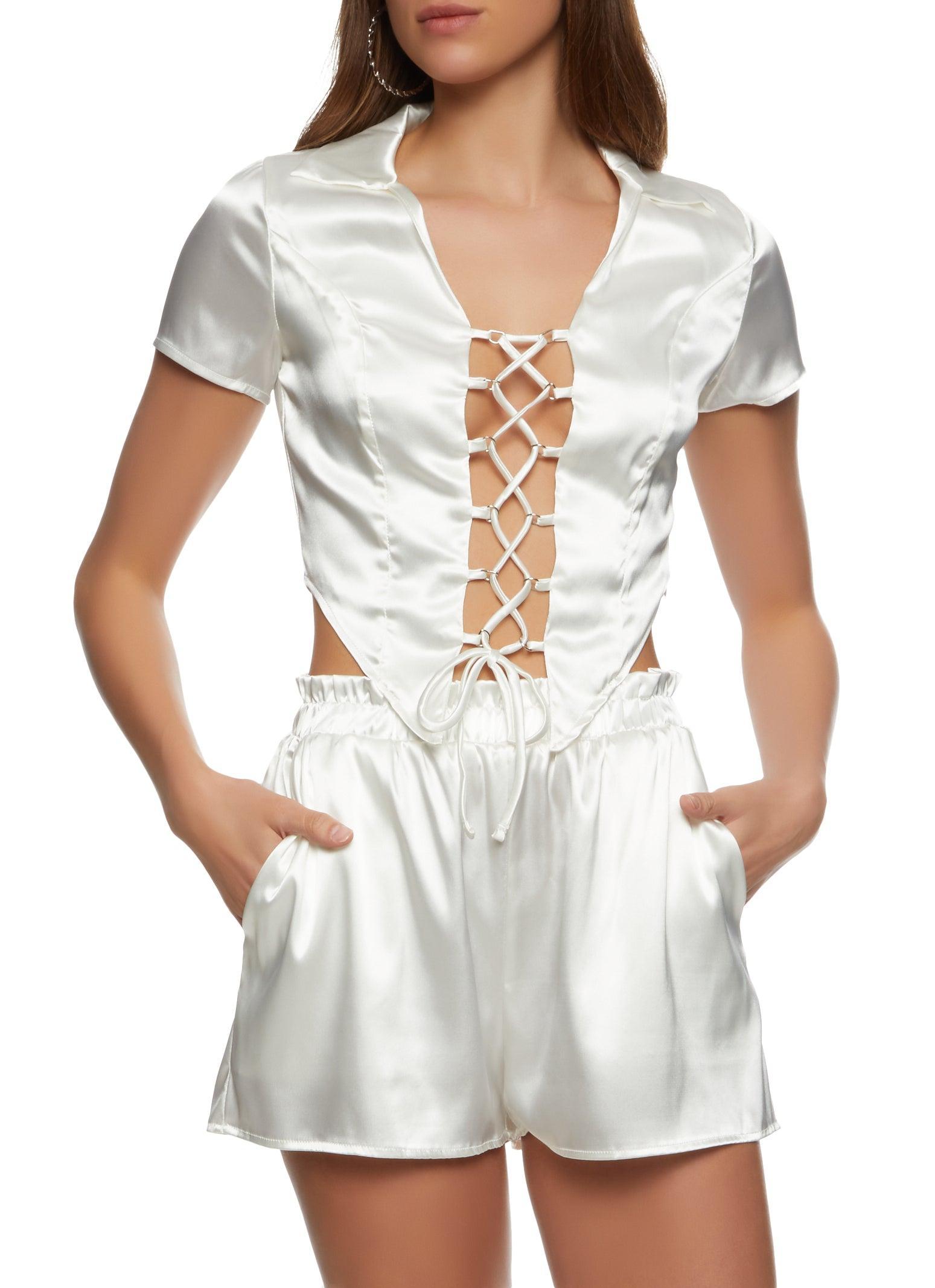 Womens Satin Lace Up Front Top Product Image