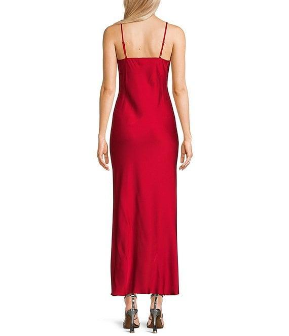 Next Up Satin Sweetheart Neck Front Rosette Side Slit Midi Dress Product Image