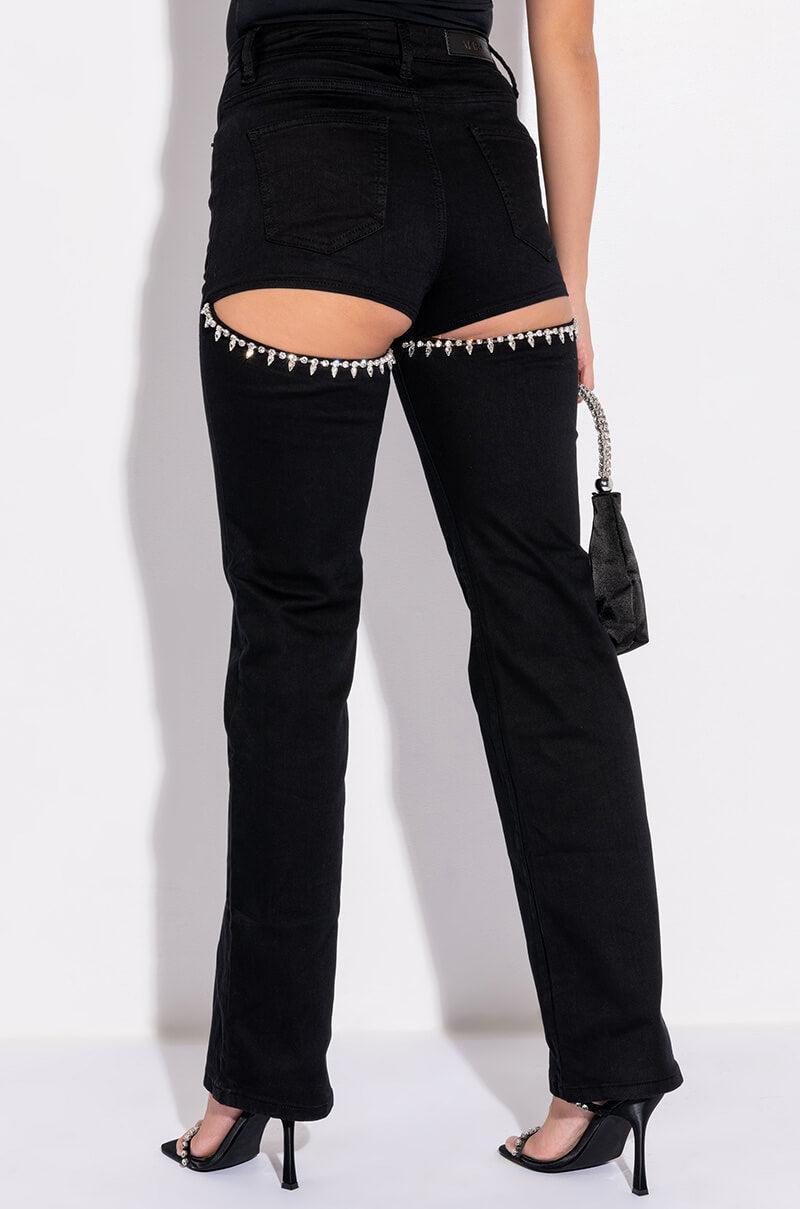 RAVENNA RHINESTONE PEEKABOOTY FLARED JEANS Product Image