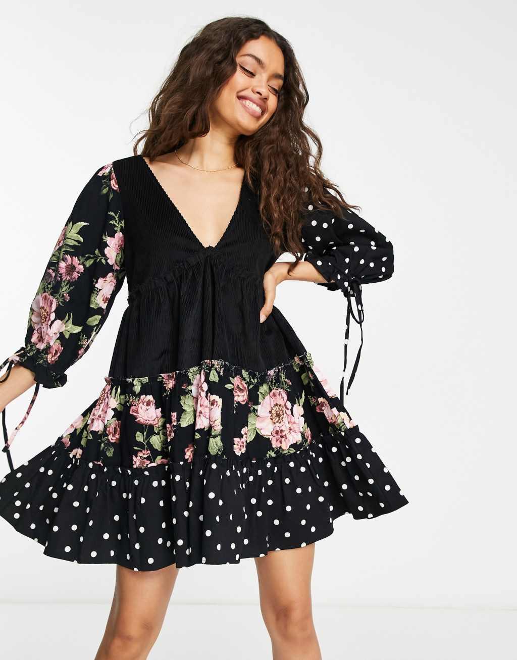 ASOS DESIGN Petite cord and twill mixed print babydoll mini dress-Multi Product Image