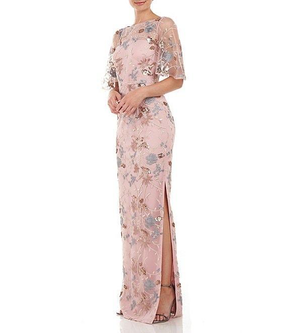 JS Collections Sequin Embroidered Mesh Short Flutter Sleeve Illusion Boat Neck Gown Product Image