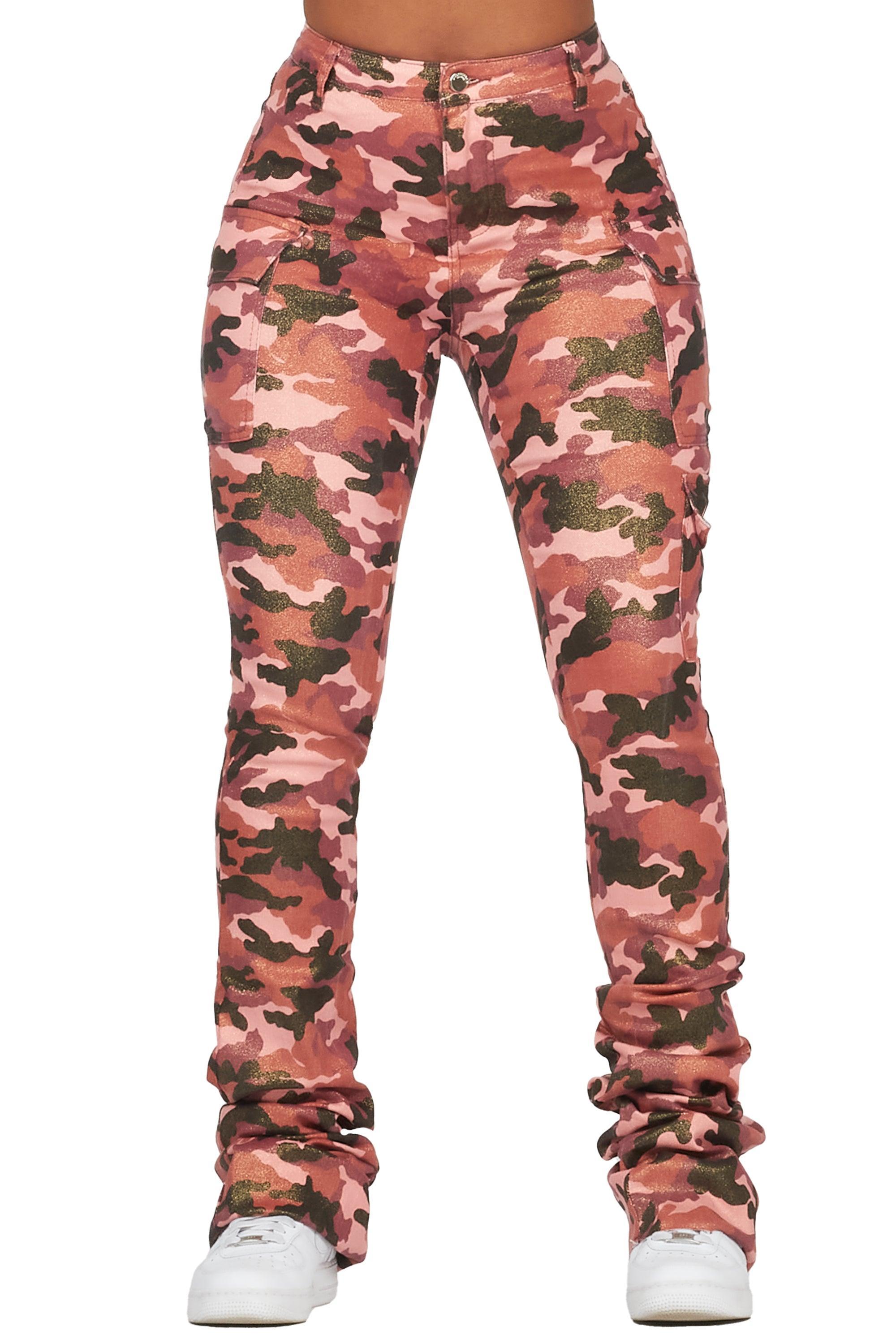 Alaysha Burgundy Camo Cargo Super Stacked PU Pant Female Product Image