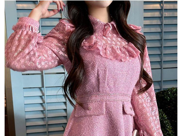 Long-Sleeve Crewneck Mesh Panel Mini A-Line Dress Product Image