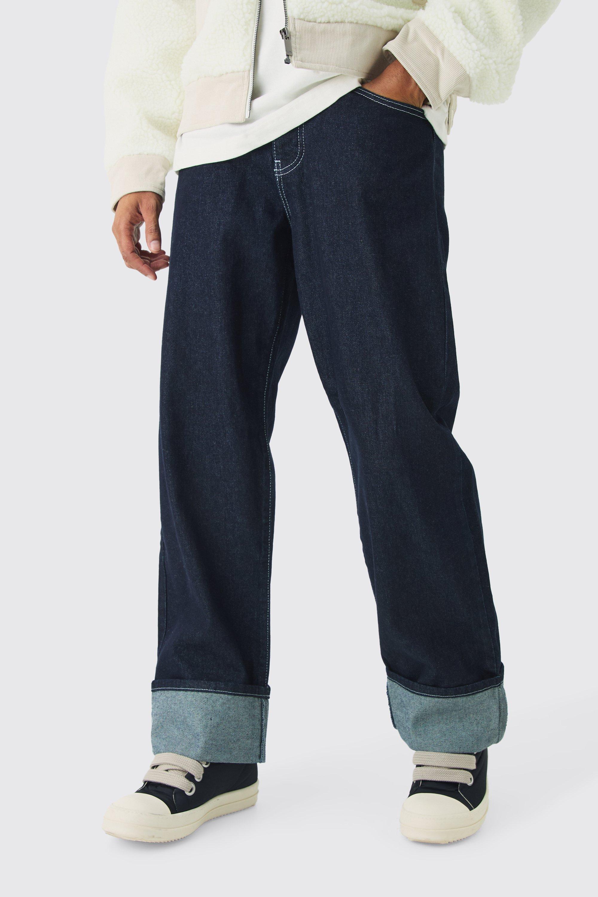 Mens Blue Relaxed Rigid Turn Up Jeans In Indigo, Blue Product Image