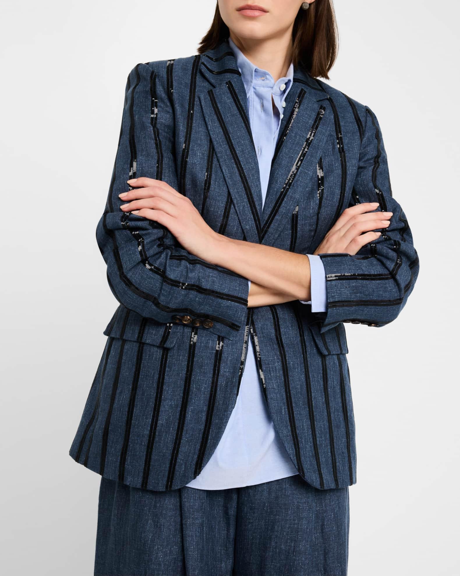 Paillette Striped Denim-Effect Linen Single-Breasted Blazer Product Image