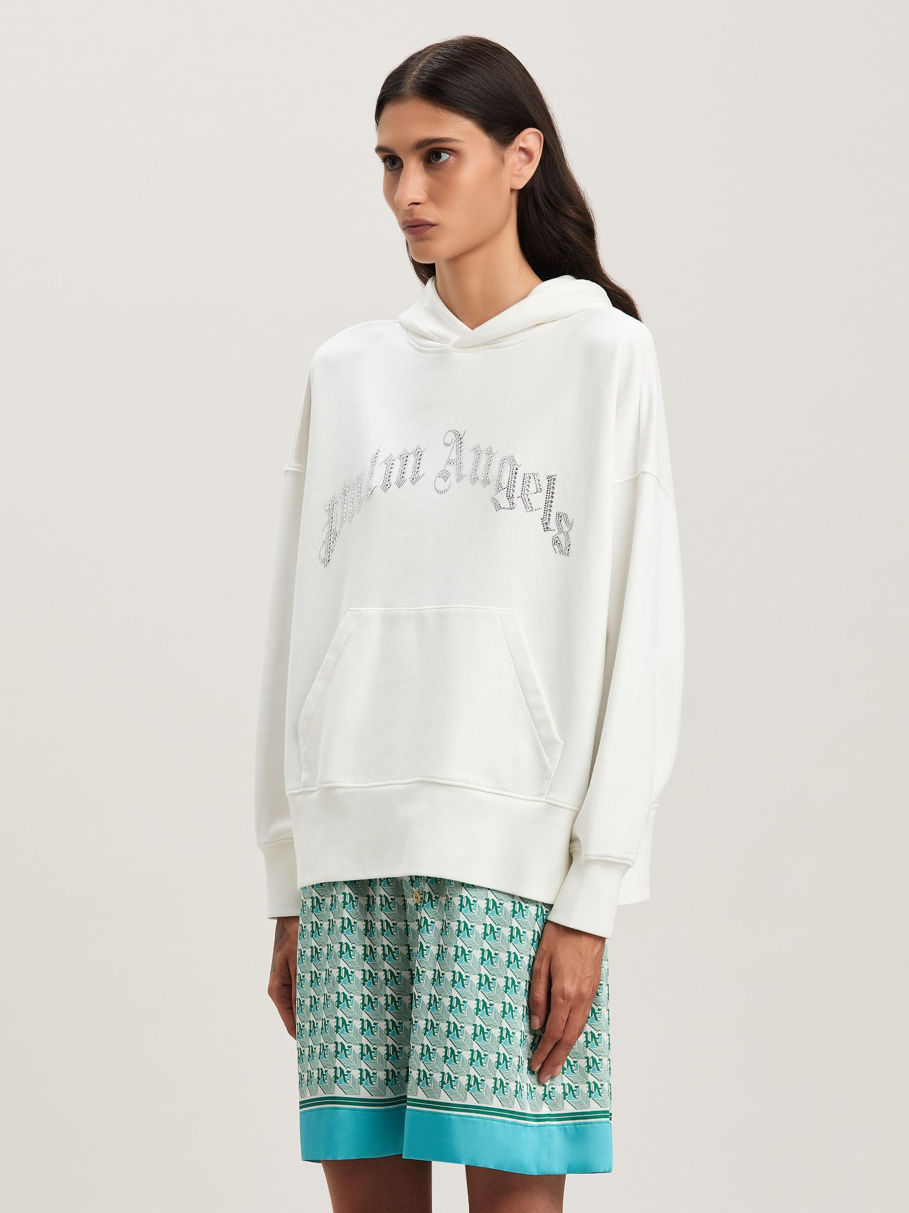 RHINESTONE CURVED LOGO HOODY OFF WHITE - Product Image