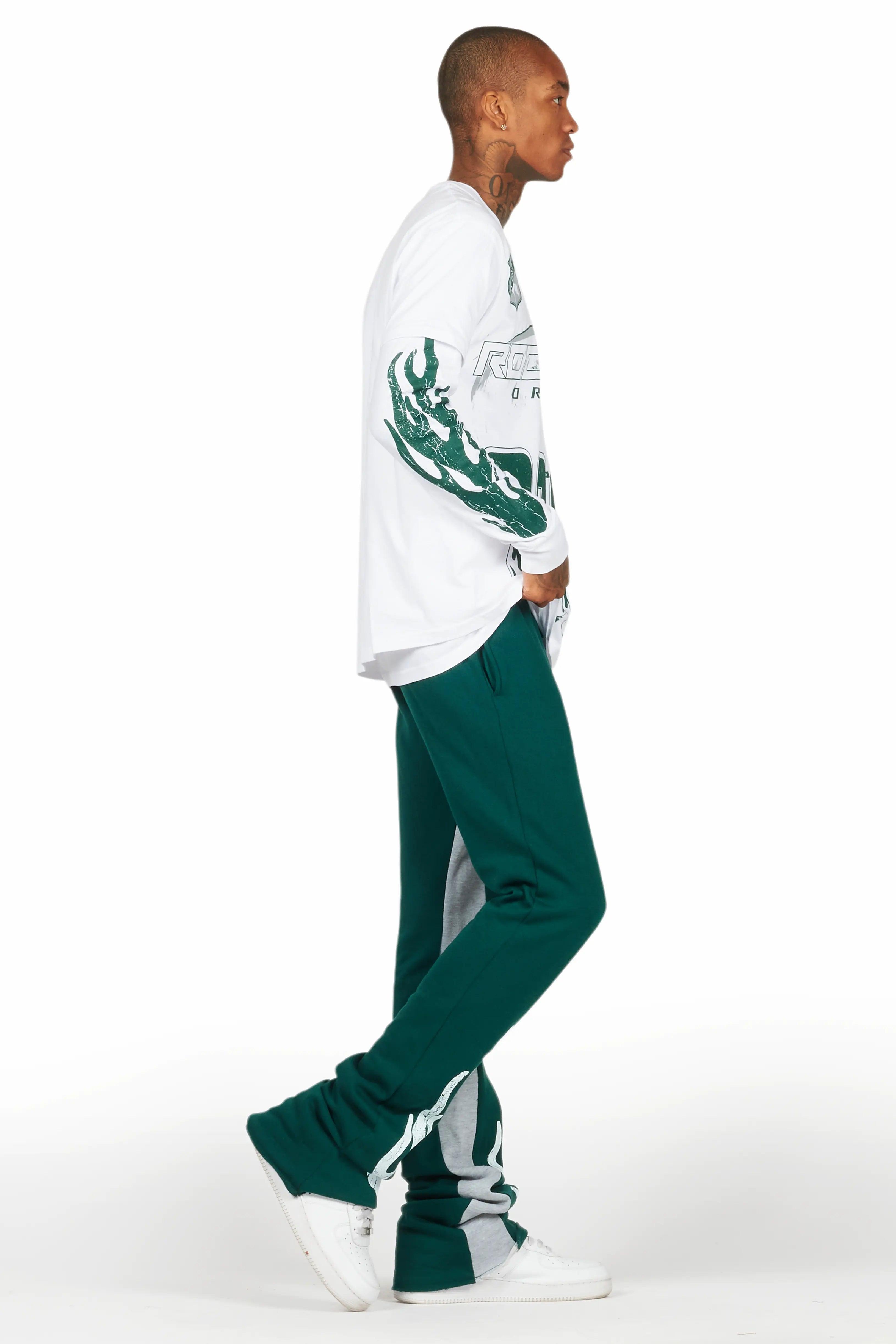 Amos White/Green Double Layer T-Shirt/Stacked Baggy Pant Set Male Product Image