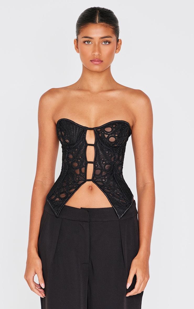 Black Textured Sheer Floral Split Hem Corset Product Image