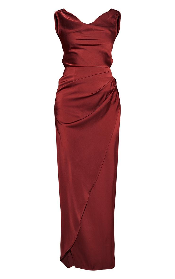 Burgundy Satin Cowl Neck Draped Maxi Dress Product Image