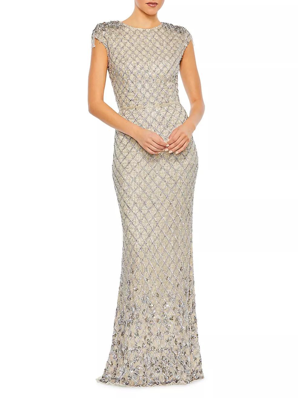 Crystal-Embellished Cap-Sleeve Column Gown Product Image