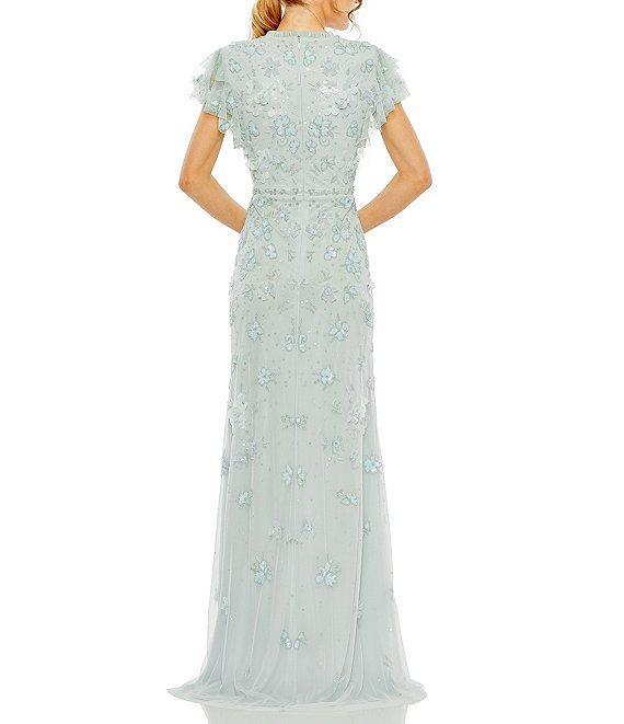 Mac Duggal Floral Embellished Mesh Crew Neck Short Flutter Sleeve Gown Product Image