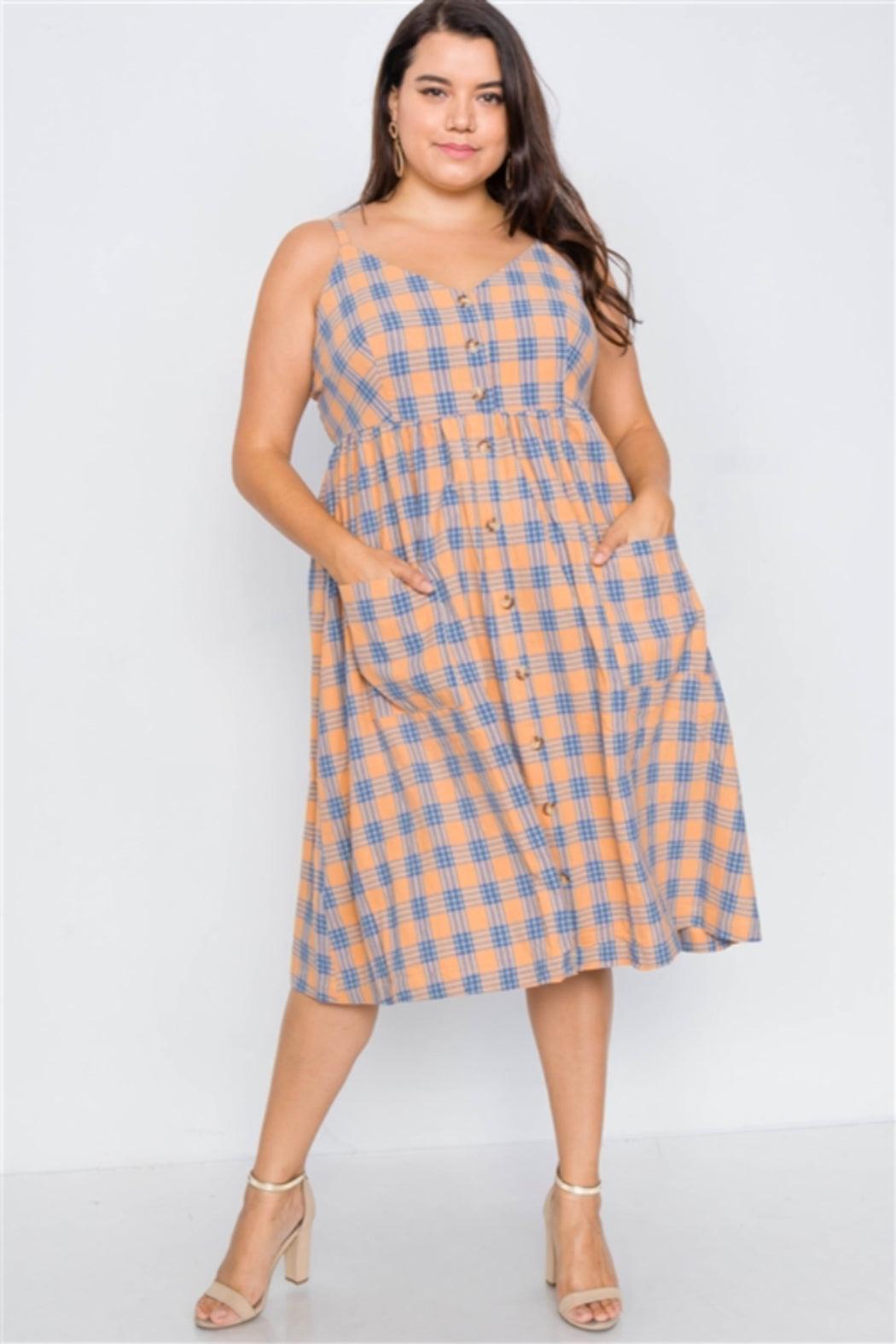 Plus Size Orange Plaid V-Neck Midi Dress Product Image