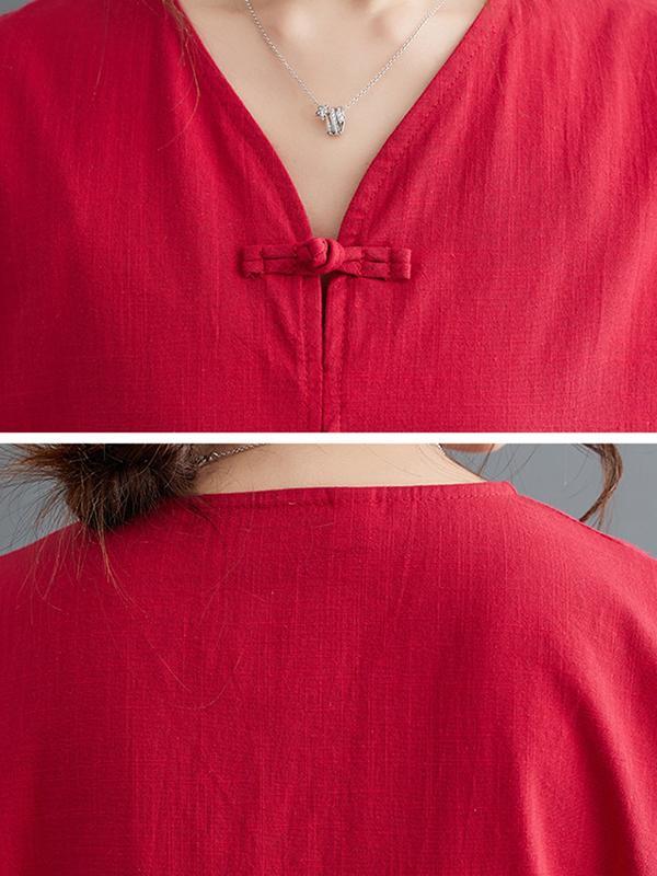 A-Line Loose Chinese Frog Buttons Pockets Solid Color Split-Side V-Neck Midi Dresses Product Image