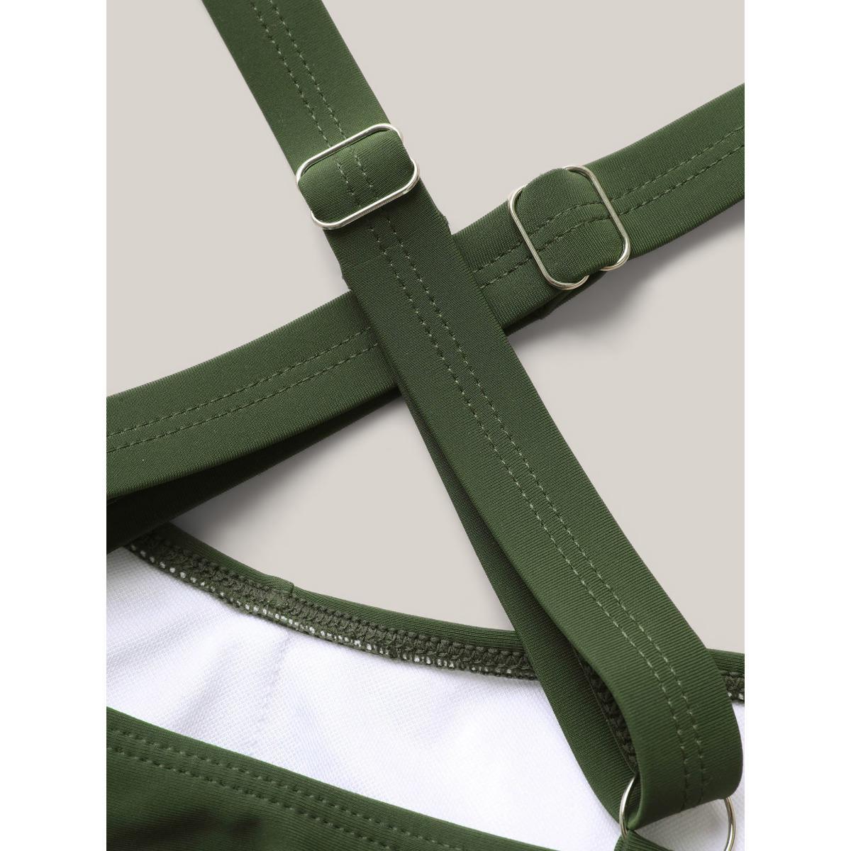 Plus Size Twist Front Patchwork Woven Ribbon Swim Top Women's Swimwear ArmyGreen Resort Woven ribbon&lace trim High stretch Skinny Heart neckline Curve Swim Tops BloomChic 30/6X Product Image