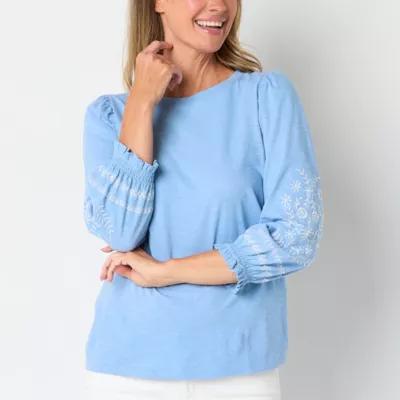 St. John's Bay Womens Round Neck 3/4 Sleeve Embroidered Blouse Product Image