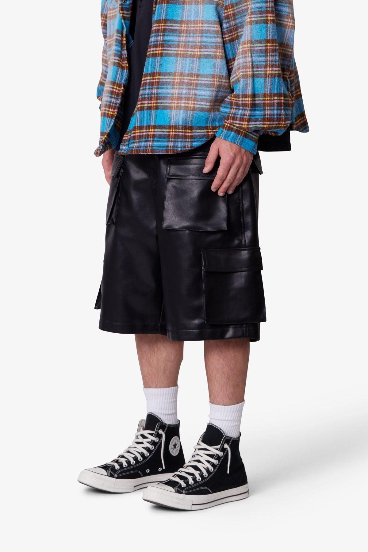 Baggy Leather Cargo Shorts - Black Product Image