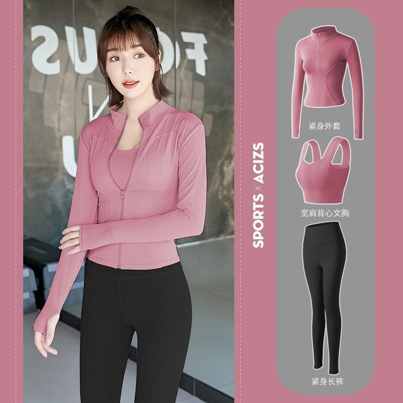 Set: Plain Sports Bra + Stand Collar Panel Zip Yoga Jacket + High Waist Yoga Pants Product Image