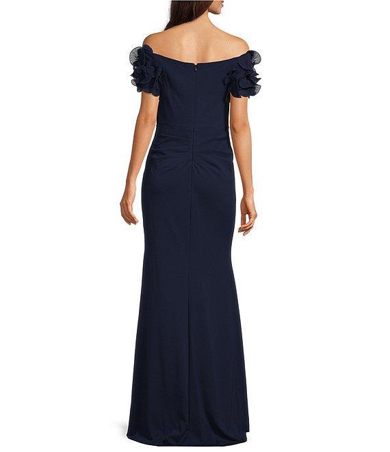 Xscape Rosette Off-the-Shoulder Short Sleeve Ruffle Ruched Waist Gown Product Image
