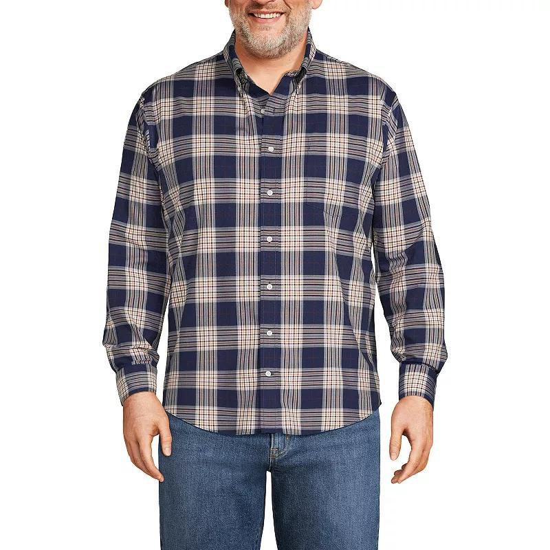 Big & Tall Lands End Plaid No-Iron Twill Button-Down Shirt, Mens Navy Red Plaid Product Image