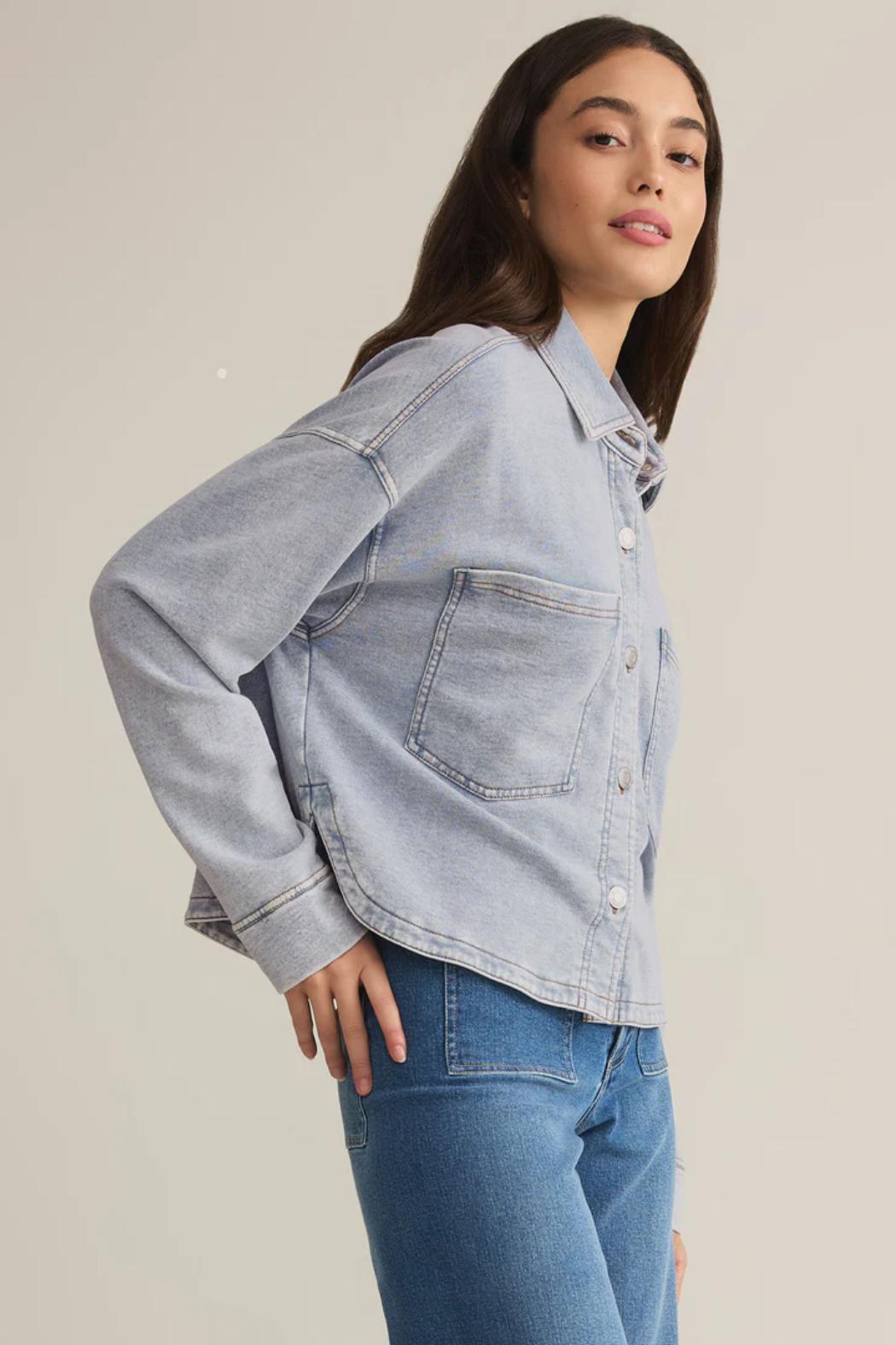 All Day Cropped Knit Denim Jacket Product Image