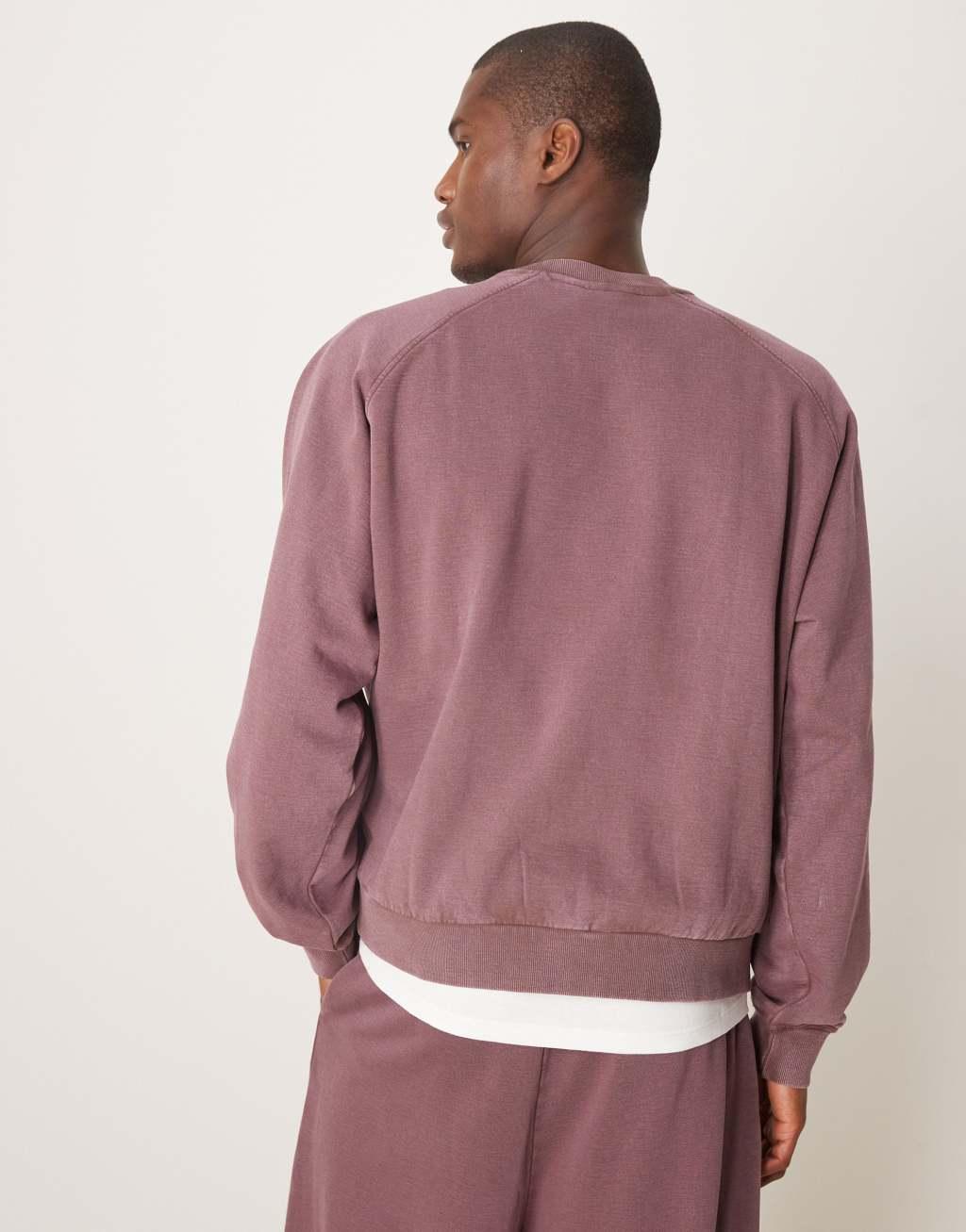 ASOS DESIGN boxy cropped sweatshirt with raglan sleeve detail in washed burgundy Product Image