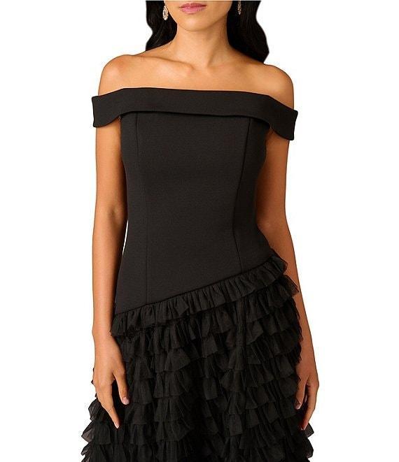 Aidan Mattox Crepe Off-The-Shoulder Neck Short Sleeve Front Slit Mesh Tiered Hem Ball Gown Product Image