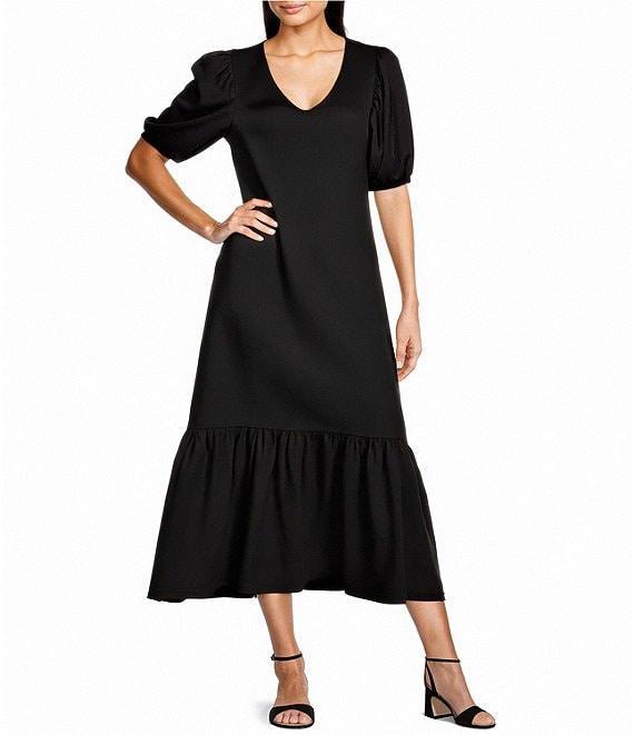 Gibson & Latimer Crepe Waffle Knit V-Neck Tie Back Detail Puffed Short Sleeve Tiered A-Line Flounce Midi Dres Product Image