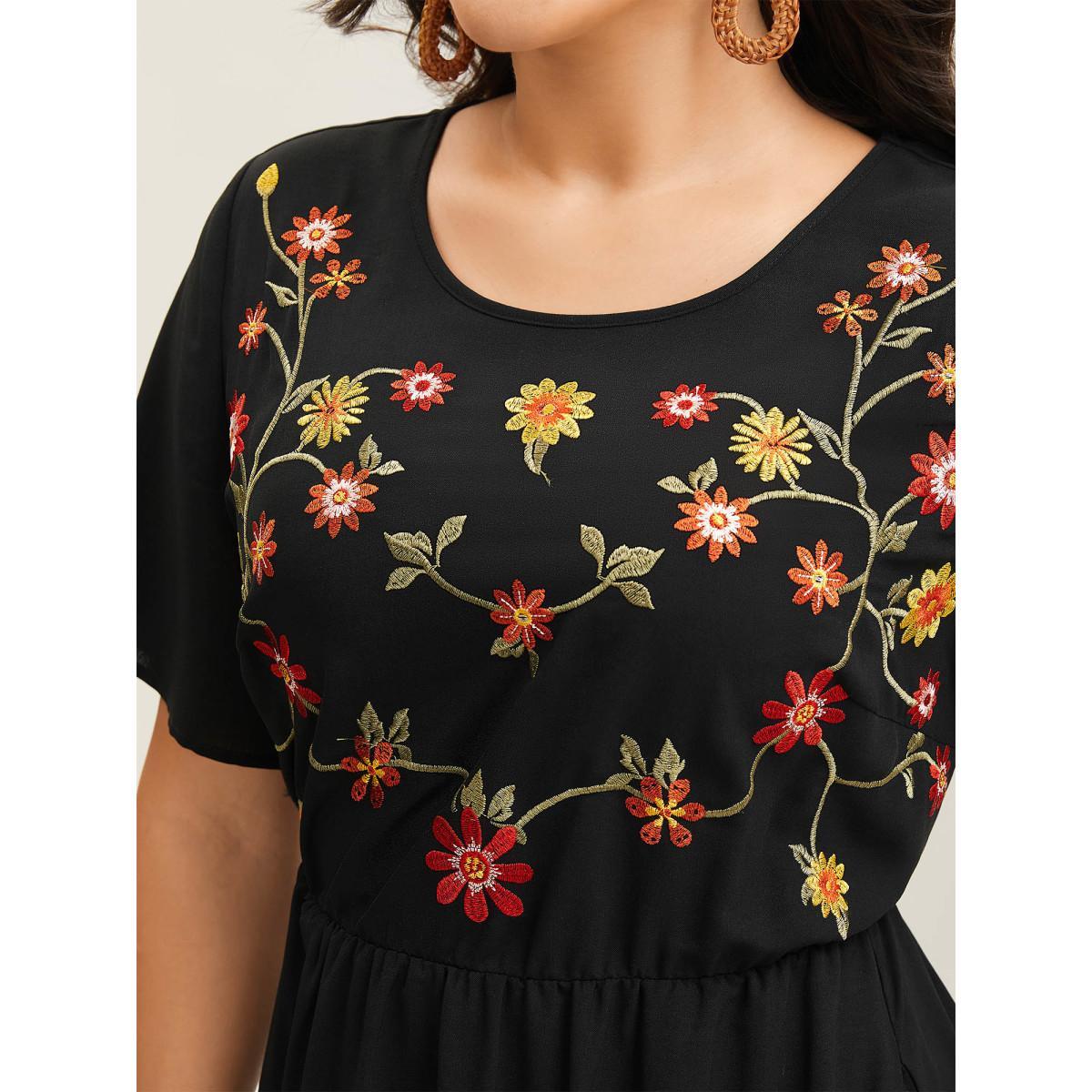 Plus Size Floral Embroidered Waist-Cinched Midi Dress Black Women Boho Round Neck Short sleeve Curvy BloomChic 22-24/3X Product Image