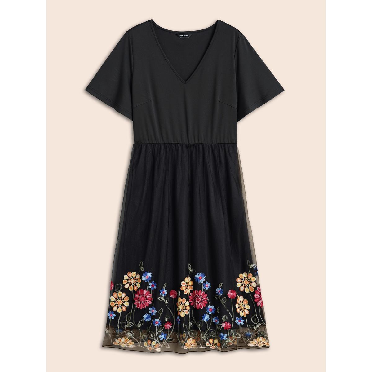 Plus Size Floral Embroidered Hem Stretchy-Waist Pockets Midi Dress BlackFlower Women Elegant See through V-neck Short sleeve Curvy BloomChic 22-24/3X Product Image