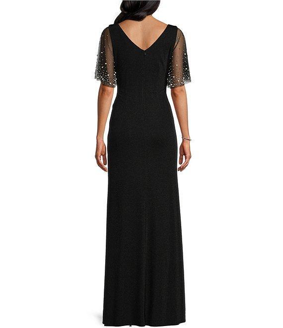 Alex Evenings Metallic Embellished Flutter Short Sleeve Boat Neck Ruched Waist Front Slit A-Line Gown Product Image