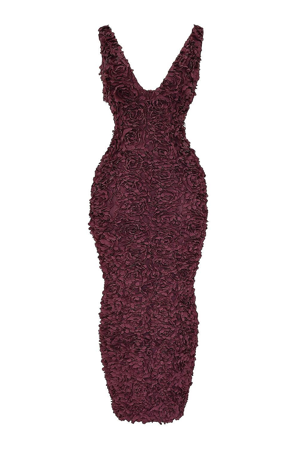 Carena  merlot plunge floral appliqué maxi dress Product Image