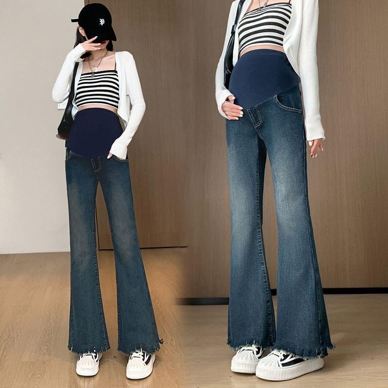 Maternity Elastic Waist Fray Flared Jeans Product Image