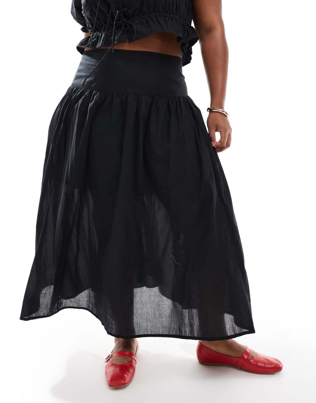 ASOS DESIGN Curve dropped waist midi skirt with lining in black Product Image