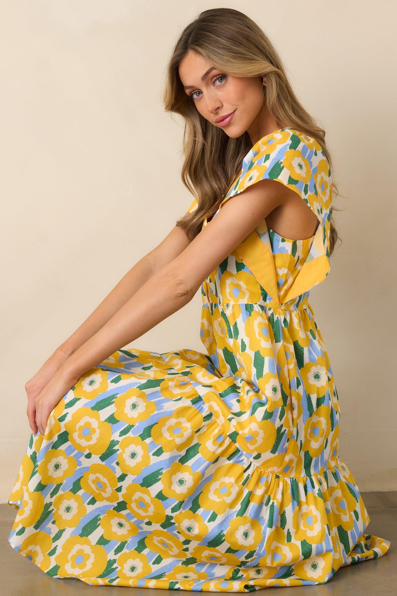 Daisy Date Night Yellow Floral Cotton Midi Dress Product Image