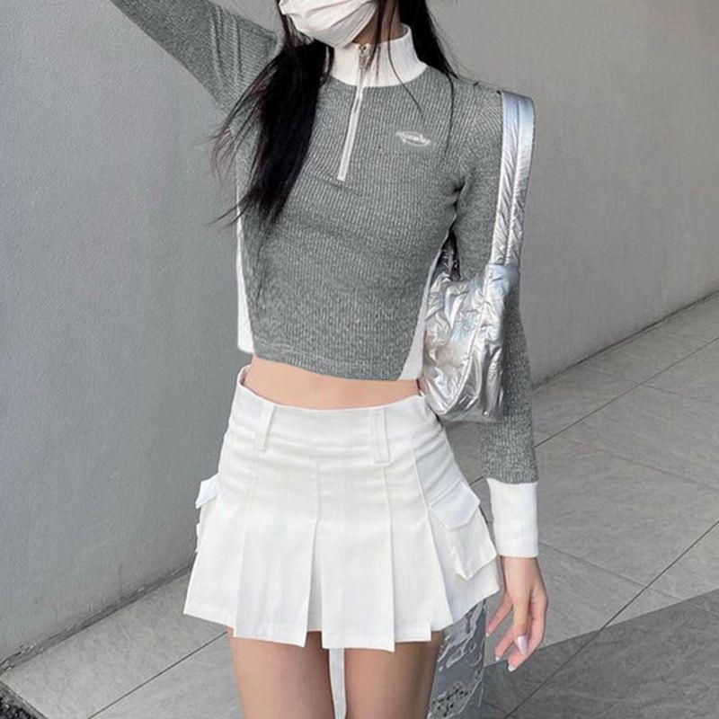 Long Sleeve Stand Collar Half Zip Ribbed Crop Top Product Image