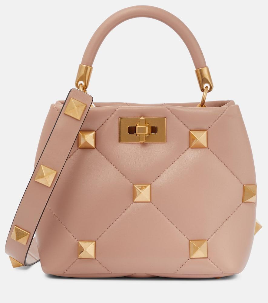 VALENTINO GARAVANI Roman Stud Small Leather Tote Bag In Pink Product Image